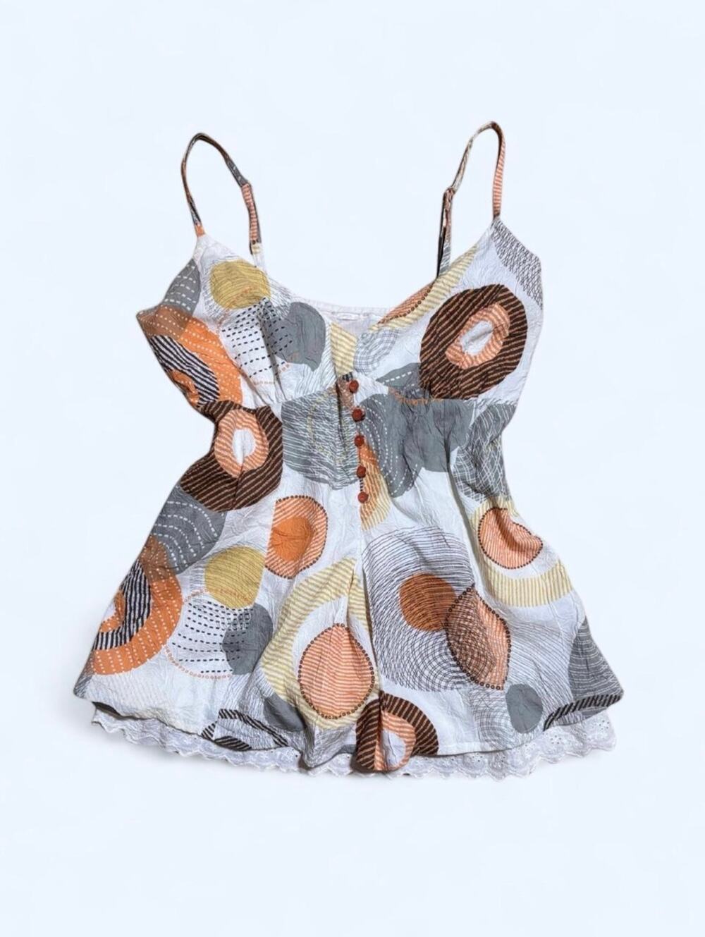 Orange Brown Cream Art Deco Circle Print Button Front Tank Top